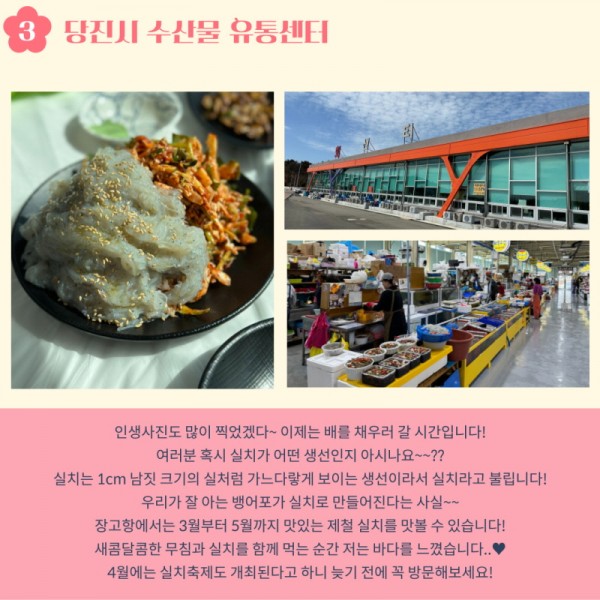 3. 당진시 수산물 유통센터: 인생사진도 많이 찍었겠다~이제는 배를 채우러 갈 시간입니다! 여러분 혹시 실치가 어떤 생선인지 아시나요~~?? 실치는 1cm 남짓 크기의 실처럼 가느다랗게 보이는 생선이라서 실치라고 불립니다! 우리가 잘 아는 뱅어포가 실치로 만들어진다는 사실~~ 장고항에서는 3월부터 5월까지 맛있는 제철 실치를 맛볼 수 있습니다! 새콤달콤한 무침과 실치를 함께 먹는 순간 저는 바다를 느꼈습니다...♥ 4월에는 실치축제도 개최된다고 하니 늦기 전에 꼭 방문해보세요!